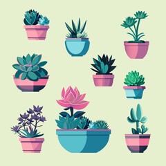 A set of succulents for the home. Fashionable indoor plants for home decor cartoon vector