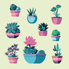 A set of succulents for the home. Fashionable indoor plants for home decor cartoon vector