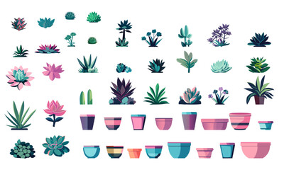 Set of beautiful succulents in cartoon style. Vector illustration of pots with succulents and cacti, aloe vera, stones isolated on a white background. Ideal for stickers, greetings design. - obrazy, fototapety, plakaty