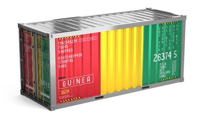 Obraz premium Freight shipping container with national flag of Guinea on white background - 3D illustration