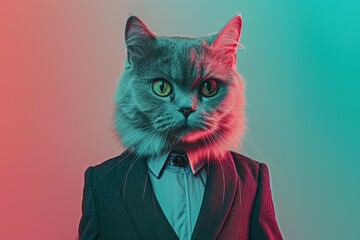 a cat dressed in a blue suit with floral pattern, Business cat wearing suit, Ragdoll cat kitten isolated in glam fashionable couture high end outfits isolated Creative animal concept