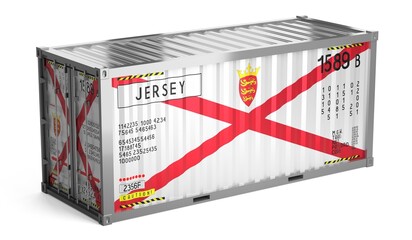 Freight shipping container with national flag of Jersey on white background - 3D illustration