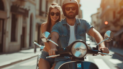 Beautiful young couple in sun glasses and helmets is smiling while riding a scooter - obrazy, fototapety, plakaty