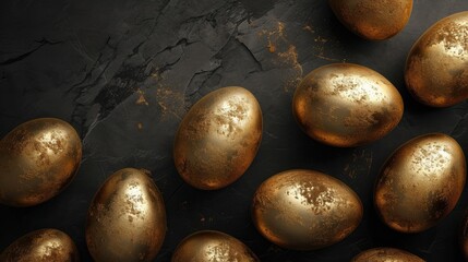 Golden eggs on a dark background. The minimal concept. An Easter card with a copy of the place for...