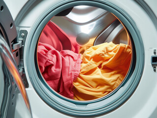 Detail of colourful clothes inside a washing machine.