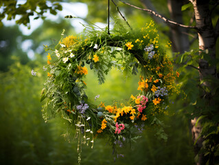 A lovely wreath made of meadow flowers is hanging on a tree against a backdrop of vibrant green.