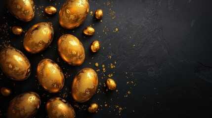 Naklejka premium Golden eggs on a dark background. The minimal concept. An Easter card with a copy of the place for the text.