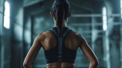 Athletic young woman showing muscles of the back and hands on dark background