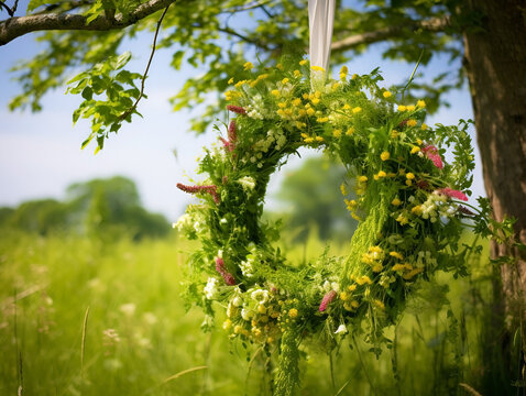 A lovely wreath made of meadow flowers is hanging on a tree against a backdrop of vibrant green.