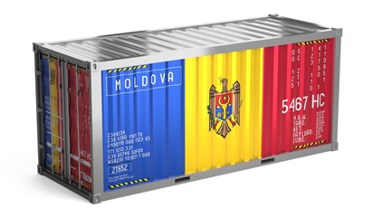 Freight shipping container with national flag of Moldova on white background - 3D illustration