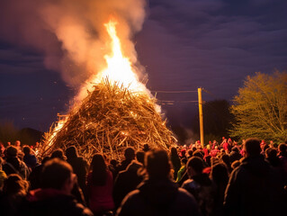 Fototapeta na wymiar Crowd of people watching gigantic bonfire at beltane or bealtaine festival