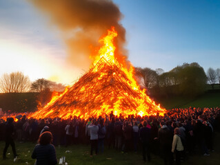 Crowd of people watching gigantic bonfire at beltane or bealtaine festival