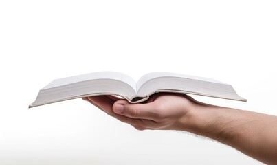 a hand carrying an open book to read. copy space, white background, illustration for school exam announcements, 