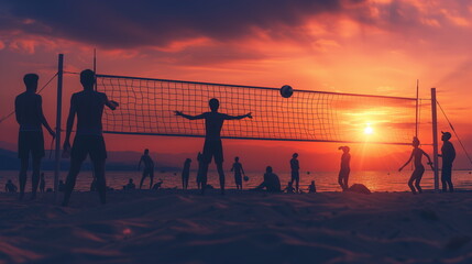 silhouette of beach Volleyball player on the beach in sunset