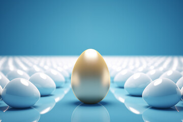 One golden egg among white eggs on blue background