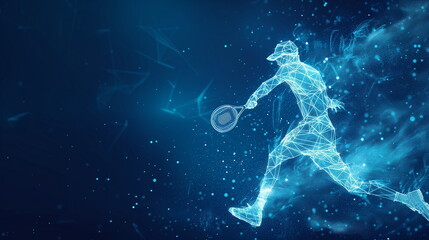 Abstract tennis player in motion with cybernetic particles. Blue triangle thin line mesh spheres. Futuristic technology style.  - obrazy, fototapety, plakaty