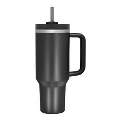 Coffee thermo cup. Thermal tumbler mockup, vector illustration. Stainless handle mug, hot tea vacuum bottle concept for branding identity. Realistic portable insulated cup, cold drink thermos