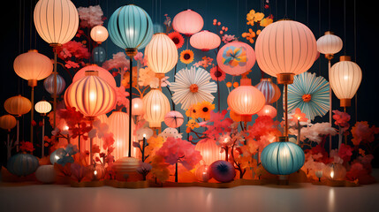 A modern 3D render featuring an abstract arrangement of lanterns