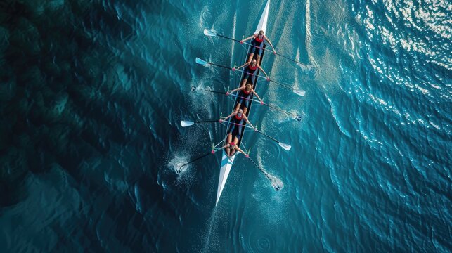 Aerial drone top down photo of sport canoe operated by team of young women in emerald calm sea waters