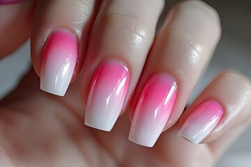 Pink and white ombre nail polish. Coffin nails. - obrazy, fototapety, plakaty