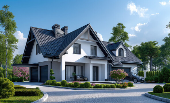 3d house design with garage and yard