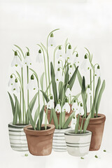 watercolor postcard with a picture of snowdrops in pots, hello spring!