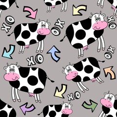 Cute cows switch back and forth. Hand drawn. Seamless animal animal pattern art asia baby backdrop background bear beautiful black cartoon character child childish china cute decor
