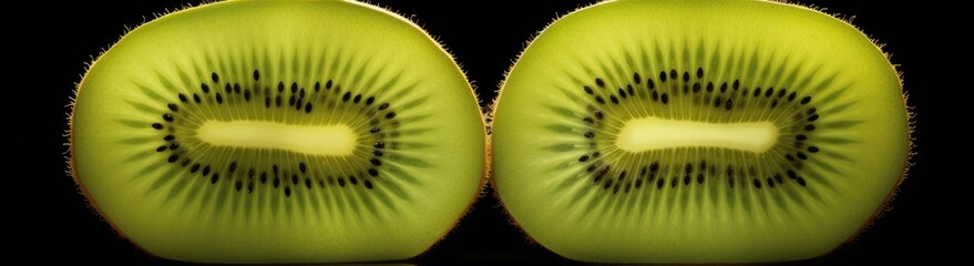 A detailed view of a kiwi fruit, showcasing its unique texture and vibrant green color, against a dark black background.