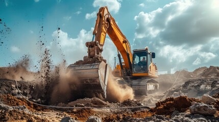 An Excavator Digging Trenches at a Construction Site, Powerful Machinery in Dynamic Action, Emphasizing the Precision of Excavation Work