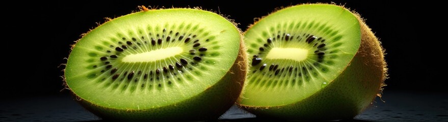 A kiwi fruit, sliced in half, rests on a table, showcasing its vibrant green flesh and distinctive black seeds.