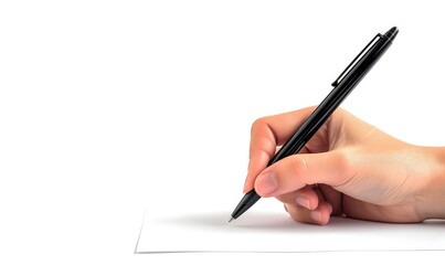 a hand writes with a ballpoint pen. white background  