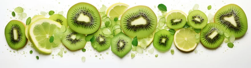 Foto op Plexiglas A close-up photo showcasing a group of kiwi slices cut in half on a white plate. © pham