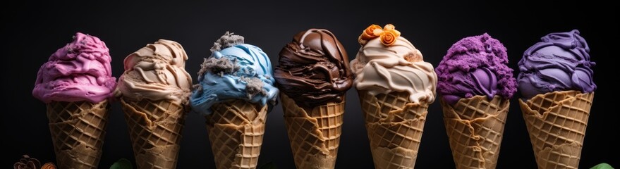 A vibrant row of ice cream cones showcases a variety of flavors and colors. - obrazy, fototapety, plakaty