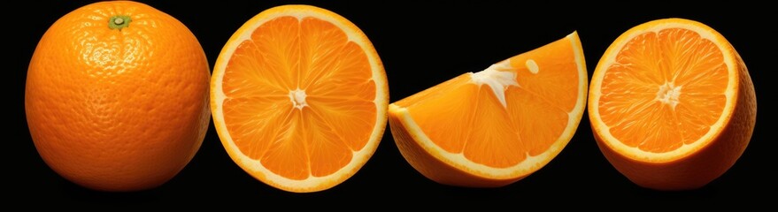 A photo featuring a group of oranges that have been cut in half, displayed on a black background.