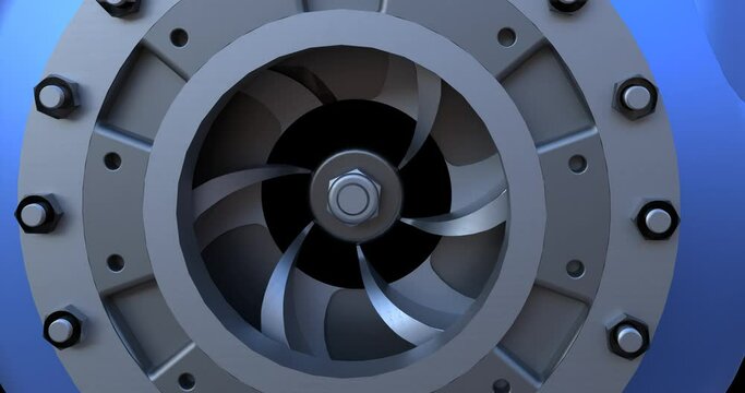 Centrifugal pump with visible impeller vanes rotating inside of the pump casing. Mechanical engineering system