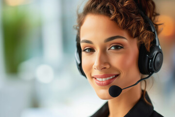 Smiling businesswoman wearing a headset in a call center office providing customer service with a friendly smile