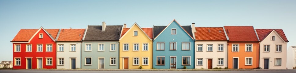 A vibrant row of houses in various hues standing side by side, creating a lively and eye-catching display.
