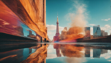 An abstract urban dreamscape with distorted reflections of iconic landmarks and symbolic city elements, immersed in a surreal and fantastical color palette to evoke the magic. - obrazy, fototapety, plakaty