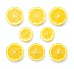 Fototapeta premium A group of lemons, each cut in half, arranged neatly on a plain white background.