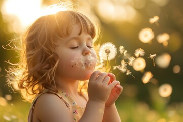 A young girl embraces the wonder and innocence of childhood as she blows delicate dandelions, surrounded by the beauty of nature and the joy of simple pleasures