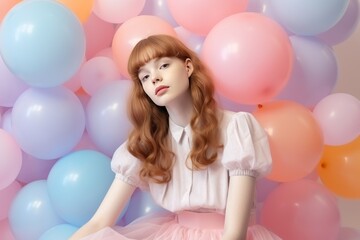 Fototapeta na wymiar Beautiful redhead girl with balloons on a pink background. Party or Birthday concept with Copy Space.