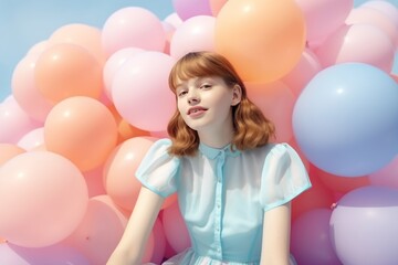 Beautiful redhead girl with colorful balloons on blue sky background. Party or Birthday concept with Copy Space.