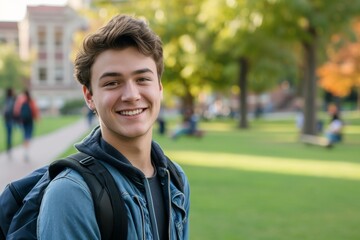 Fototapeta premium A young man wearing casual clothing stands smiling in a park surrounded by trees and grass on a fall day, exuding a sense of happiness and contentment as he poses for the camera in an outdoor setting