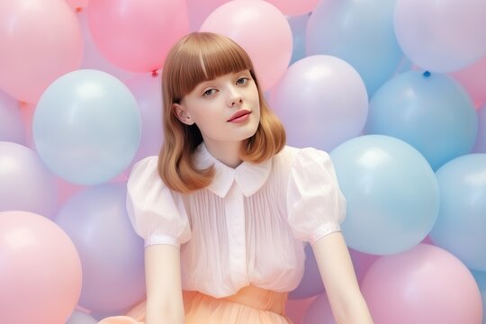 Portrait of a beautiful red-haired girl with balloons on a pink background. Party or Birthday concept with Copy Space.