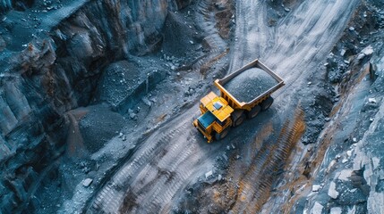 Mining Landscape Giants: Massive Haul Truck Transporting Minerals from an Open-Pit Mine - A Drone Shot Capturing the Magnitude of Mining Activities in a Valuable Resources Landscape.

