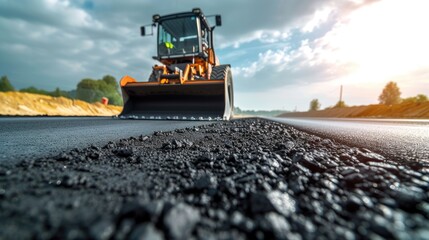 Precision Paving: Road Construction Excellence - A Paver Machine Laying Asphalt on a Newly Built Highway, Illustrating the Technology Behind Smooth Road Surfaces.

