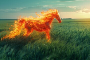 A majestic horse, ablaze with fiery grace, gallops through a golden field under the painted sky of a fiery sunset - obrazy, fototapety, plakaty