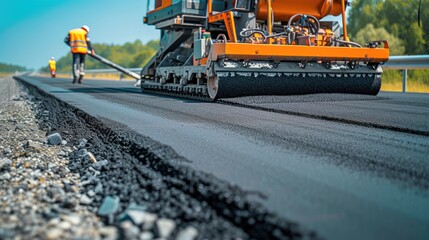 Precision Paving: Road Construction Excellence - A Paver Machine Laying Asphalt on a Newly Built Highway, Illustrating the Technology Behind Smooth Road Surfaces.

