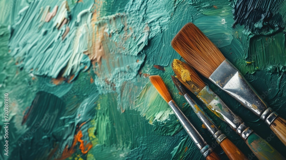 Poster a dynamic array of paintbrushes rests on a vibrant, textured canvas