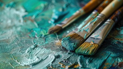Naklejka premium Artistic paintbrushes resting on a textured, turquoise painted canvas